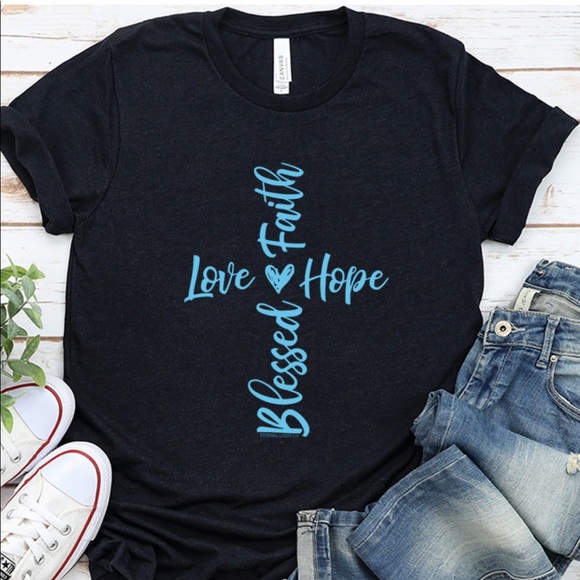 Tops - Cotton-Blend Christian Black Love Faith Hope Blessed Tee BRAND NEW